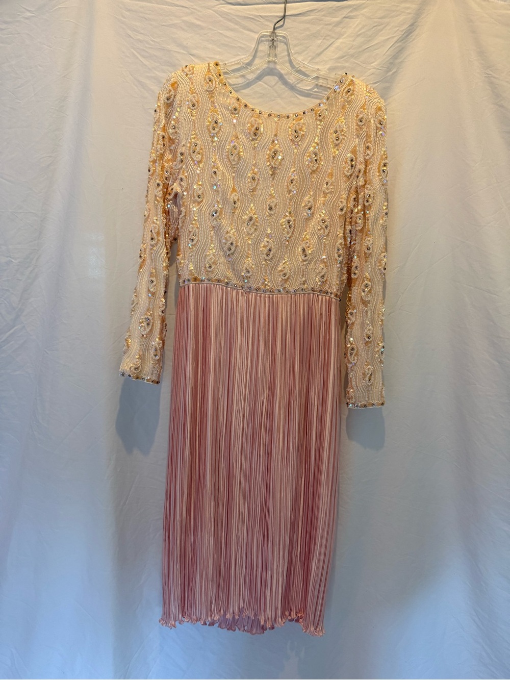 Vintage 80s George F Couture Hand Beaded Pleated Midi Dress Pink Size 10